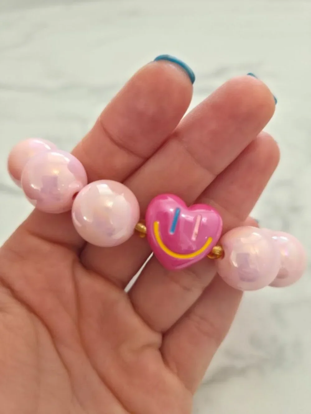 Pink Chunky Beaded Stretch Bracelet Smiley Heart Charm Y2K Jewelry